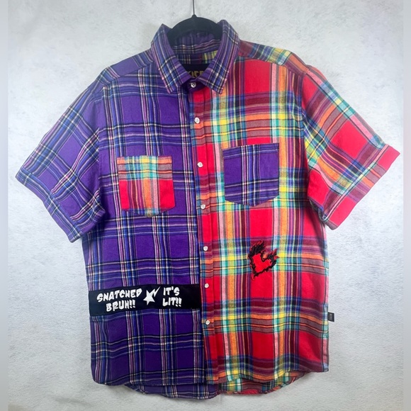 Kleep Men’s Flannel Shirt Long Sleeve Half & Half Button Down Plaid Patch XL B40 - Picture 1 of 7